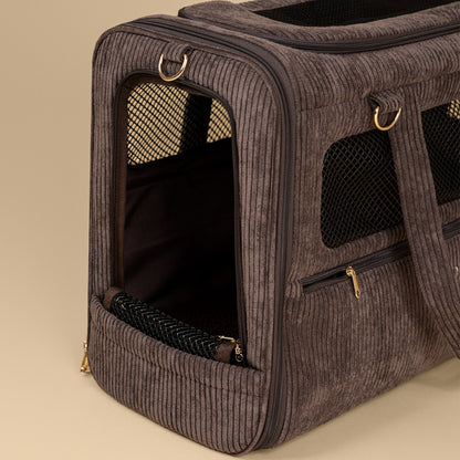 Premium Dog Carrier 55x40x23 cm – BALOUVER Cord Mocha Brown | IATA Airline Approved